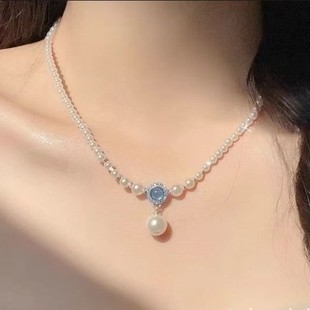 Temperament Aquamarine Pearl Small Rice Bead Necklace Women's 2025 New Hot Style Distinctive Necklace Pendant Accessories Collarbone Chain