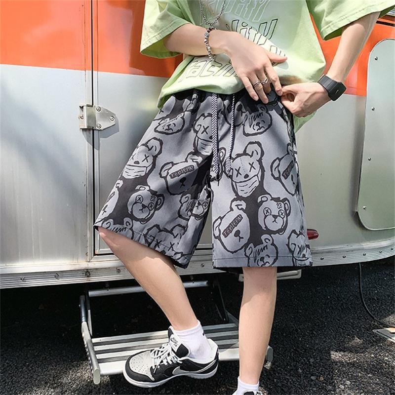 Men's thin, loose-fitting, quick-drying ice silk beach shorts, summer breathable cartoon print shorts, trendy casual five-point pants