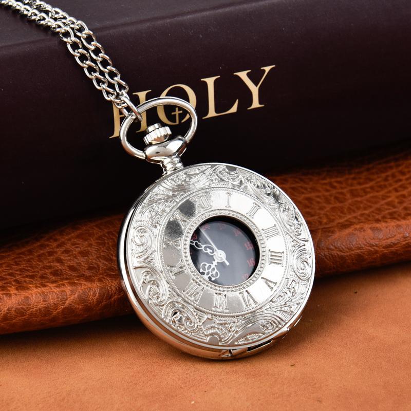 Large Silver-White Lace Cut Out Roman Black Face Classical Pocket Watch Dropshipping Retro Nostalgic Pocket Watch 8167