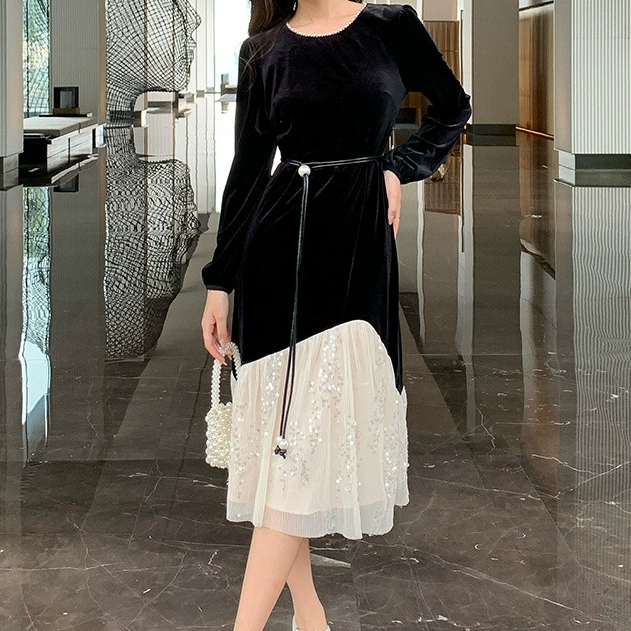 2025 весенний стиль французский нежный толстая сестра, сшитая блестки бархатное платье другое