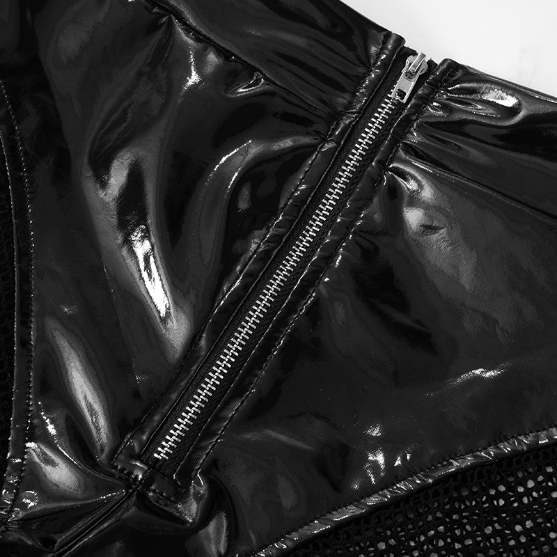 Women Clothing Faux Leather Mirror Skin Sexy Zipper Short Top Hollow Out Cutout Sheath Shorts Suit