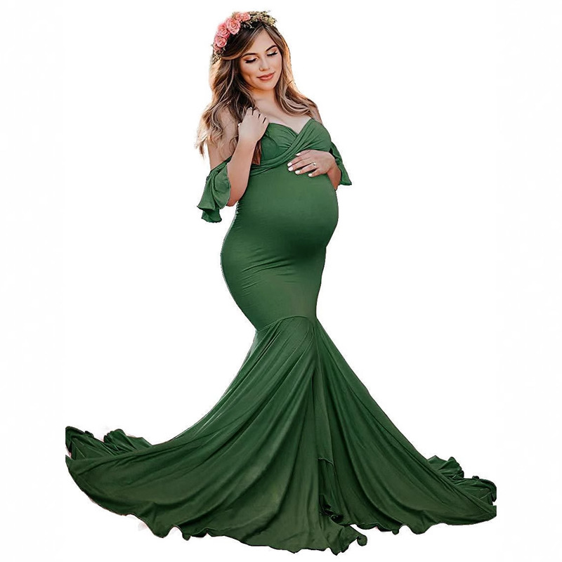 European and American Women's Mercerized Cotton Pregnant Women's Ruffled Sleeve Cross V-neck Trailing Dress Photography Dress 1932
