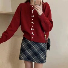 2025韓国春と秋の新しい甘いスタイルの女の子の年齢を減らす赤いリボンファッション年齢を減らすニットカーディガンセーター