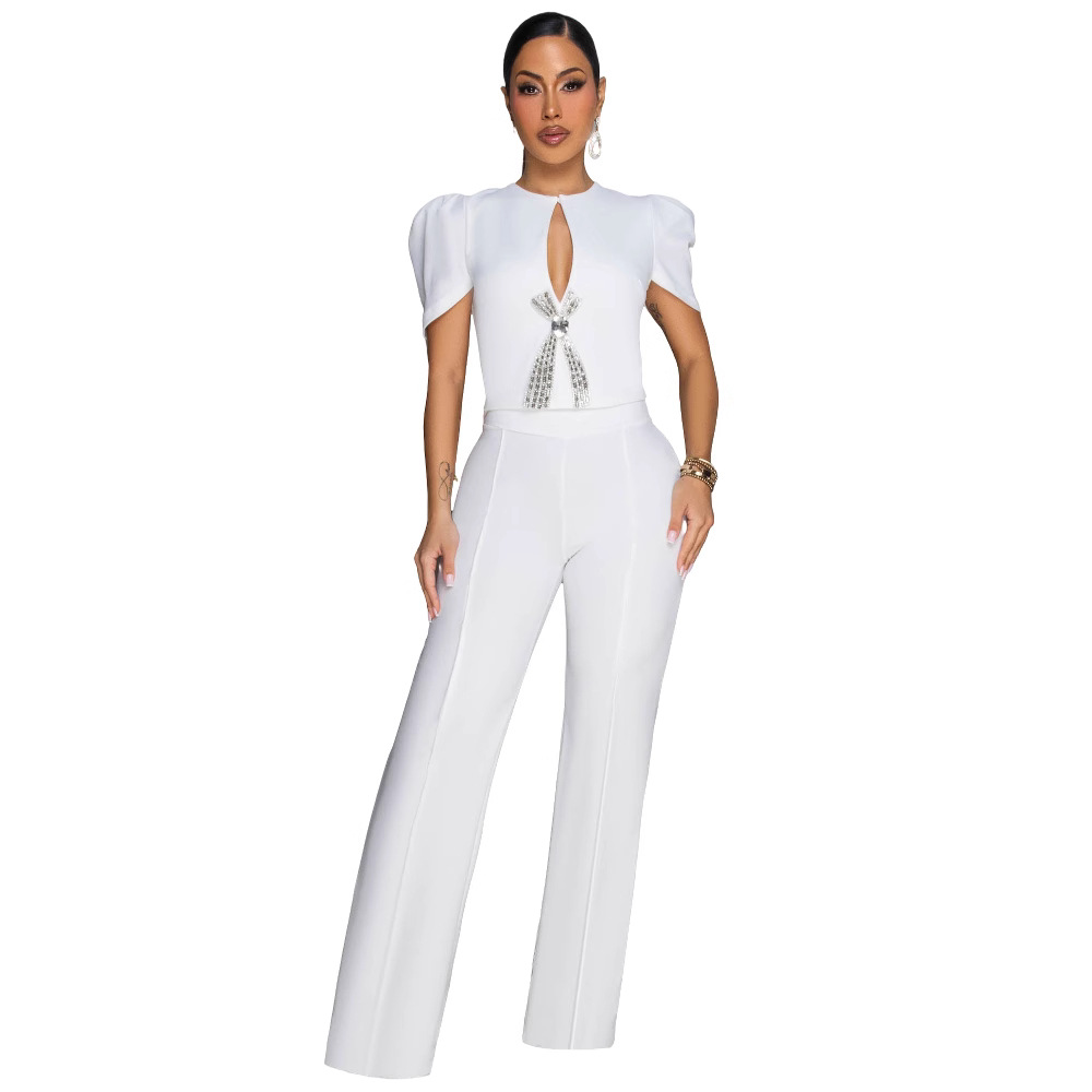 AJ4478 Cross-border Source European and American Women's Personality Line Bow Decorative Short-sleeved Casual Wide-leg Jumpsuit