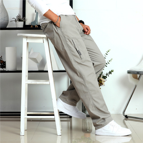 Pure Cotton Casual Pants Men's Thin Work Pants Men with Multiple Pockets Loose Straight Leg Large Size Outdoor Long Pants