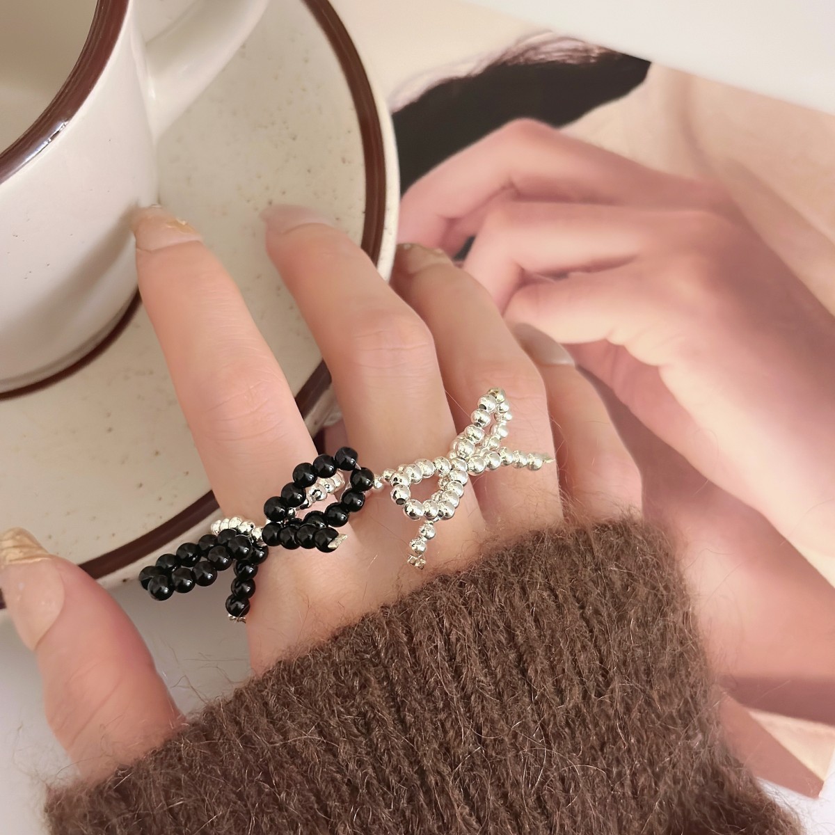 韓系氣質少女甜美蝴蝶結珍珠手工串珠戒指ins風簡約飾品女