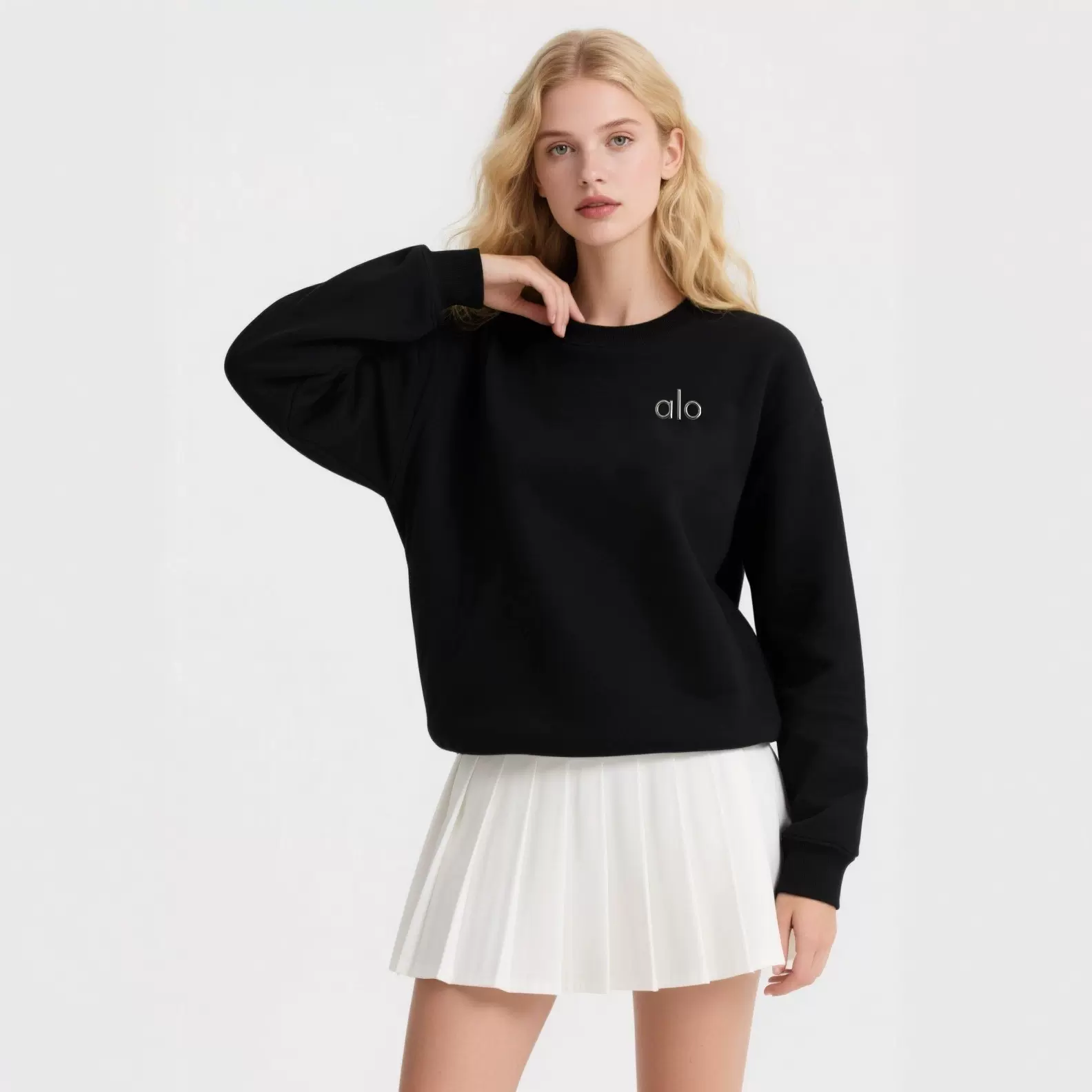 跨境新款ALO阿洛重磅美式立体反光标志休闲运动宽松瑜伽圆领卫衣