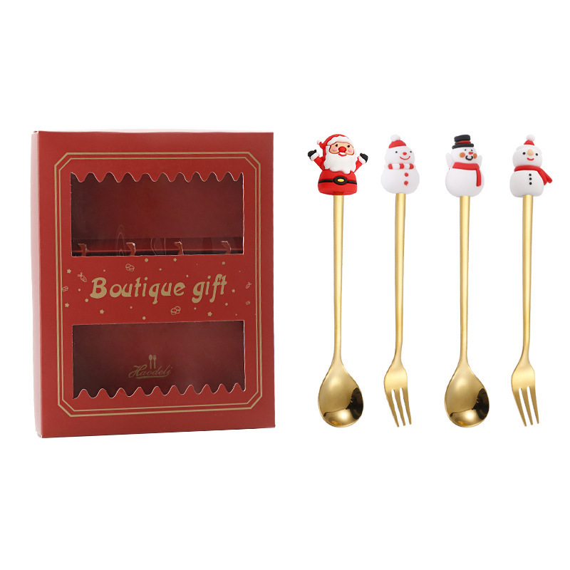 クリスマススプーンセット クリスマス食器ギフト2点セット デザートスプーンとフォーク サンタクロースとトナカイのフィギュア付きスプーン|undefined