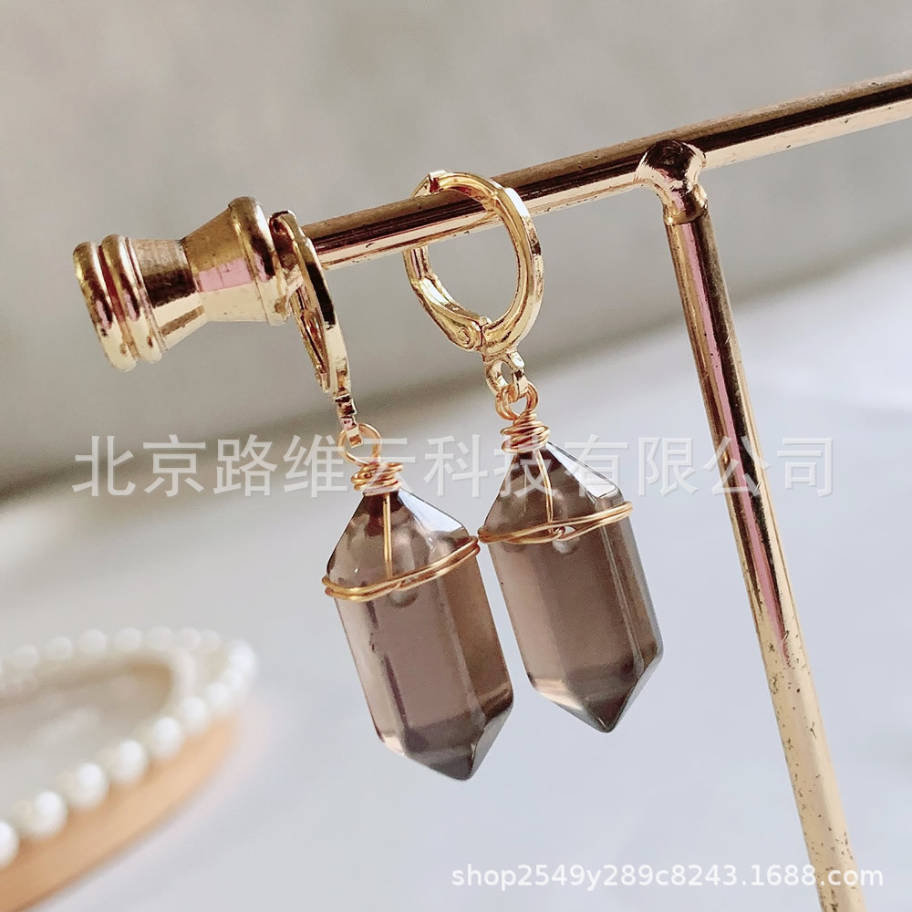 Pendientes de cristal natural de estilo explosivo transfronterizo, bala de doble punta, pequeña columna hexagonal, aretes de amatista de ágata roja, mujer