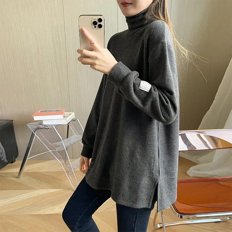 High Collar and Thick Fleece Base Shirt Women's Autumn and Winter New Loose Slimming Large Size Long-sleeved T-shirt Top for Women High Collar and Thick Fleece Base Shirt Women's Autumn and Winter New Loose Slimming Large Size Long-sleeved T-shirt Top for Women
