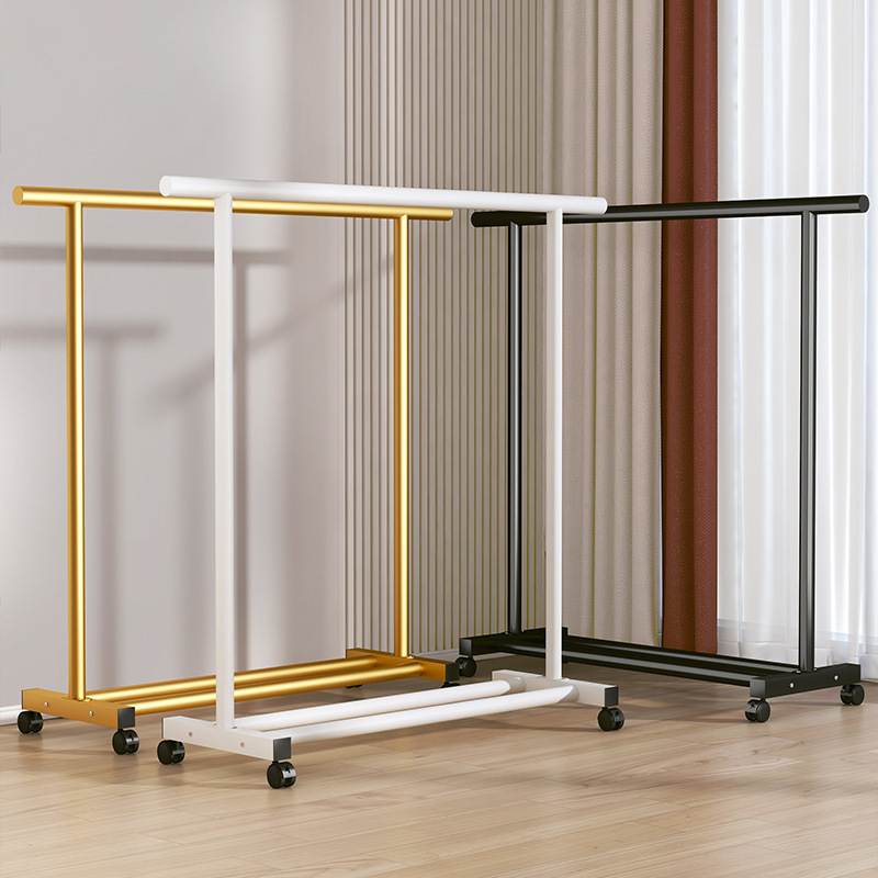 Metal Clothes Rack for Home Bedroom Balcony, Thickened Movable Floor-Standing Coat Rack with Double Rods