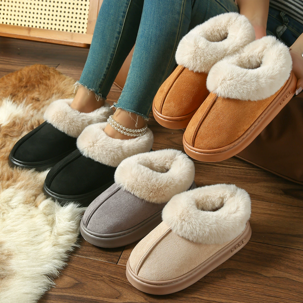 2025 новые домашние тапочки из замши с перекрестной строчкой, толстая подошва, нескользящие, теплые, плюшевые, хлопковые, для женщин и пар