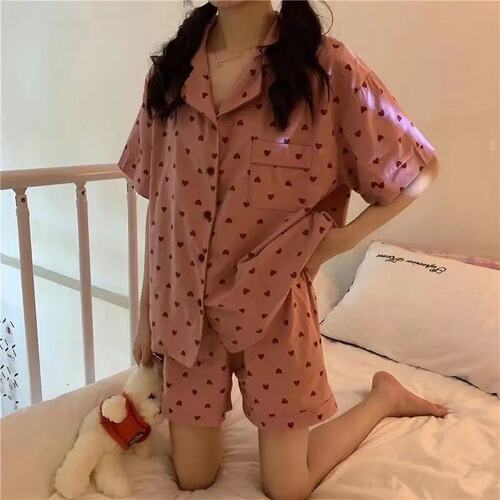 ins清新睡衣女夏季短袖短裤韩版开衫大码韩版日系家居服两件套装