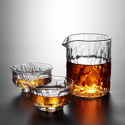 Japanese-style Retro Handcrafted Hammered Tree-Grain Heat-Resistant Glass Fair Cup | Transparent Single-Tier Coffee Mug | Kung Fu Tea Set Accessory