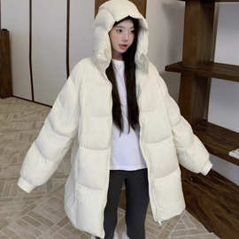 韩系泡芙中长款白色棉服女2025冬新款宽松加厚连帽面包服棉衣外套