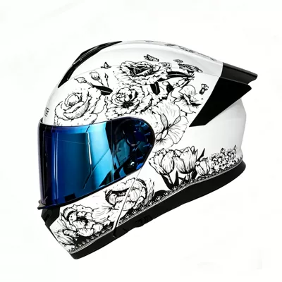 3C certified motorcycle open-face helmet — Motosiklet kaskı (dəbilqə) - black-hundred-flowers-blue-coated-mirror-m-54-55