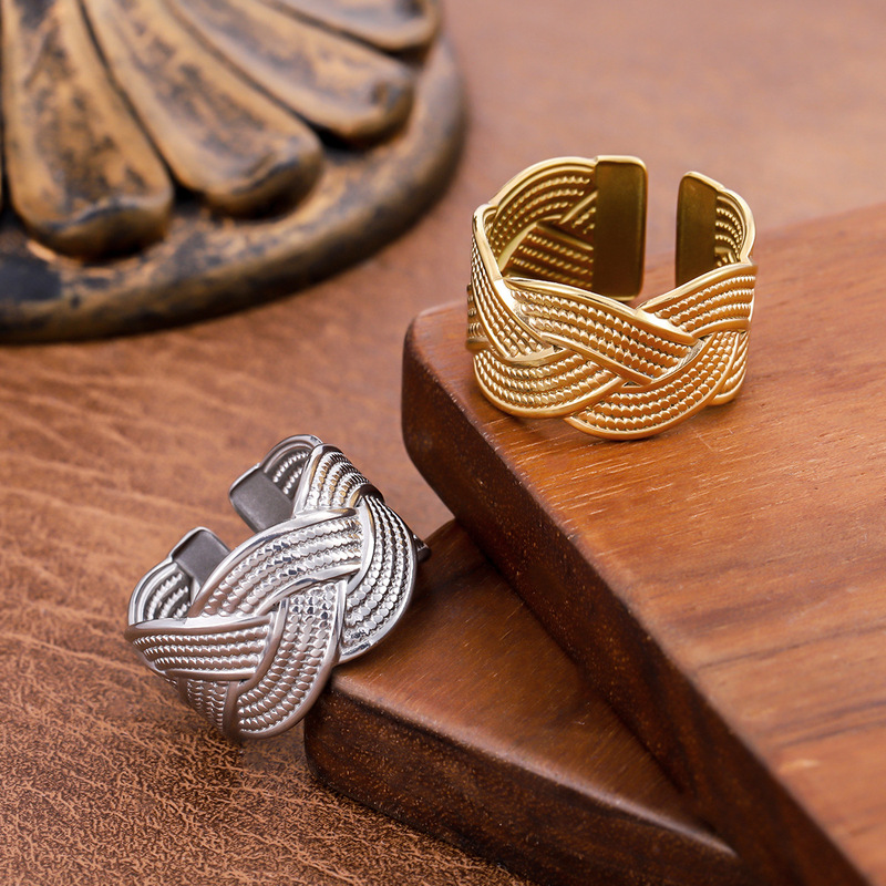 Cross-Border French Elegant Geometric Lines Wrapped Open Stainless Steel Ring Oil Pressure Vacuum Plated 18K Gold Jewelry for Women Cross-Border French Elegant Geometric Lines Wrapped Open Stainless Steel Ring Oil Pressure Vacuum Plated 18K Gold Jewelry for Women