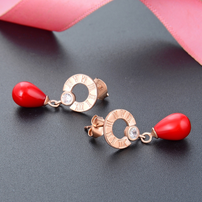 Japón y Corea del Sur dulce red red red tide pendientes S925 diamantes de plata oro rosa números romanos pendientes pendientes de perlas mujeres