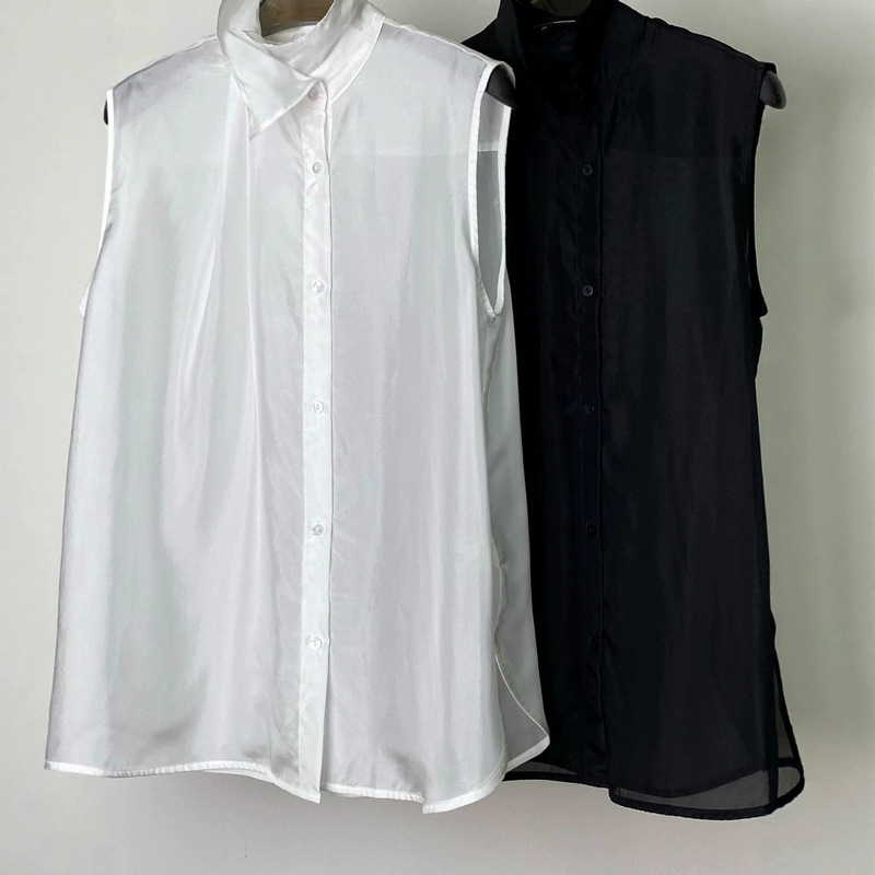 Fashionable and age-reducing silk sleeveless button-up shirt for women, summer thin style, extremely beautiful semi-transparent stand-up collar silk top Fashionable and age-reducing silk sleeveless button-up shirt for women, summer thin style, extremely beautiful semi-transparent stand-up collar silk top