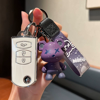 3 Star Cheng key: Car key bag - mazda-d-folding-3-keys-single-shell-white-purple-violent-bear-pendant