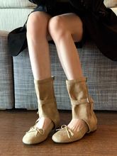 新品2025靴子夏季新款设计感圆头蝴蝶结粗跟凉靴芭蕾舞单鞋