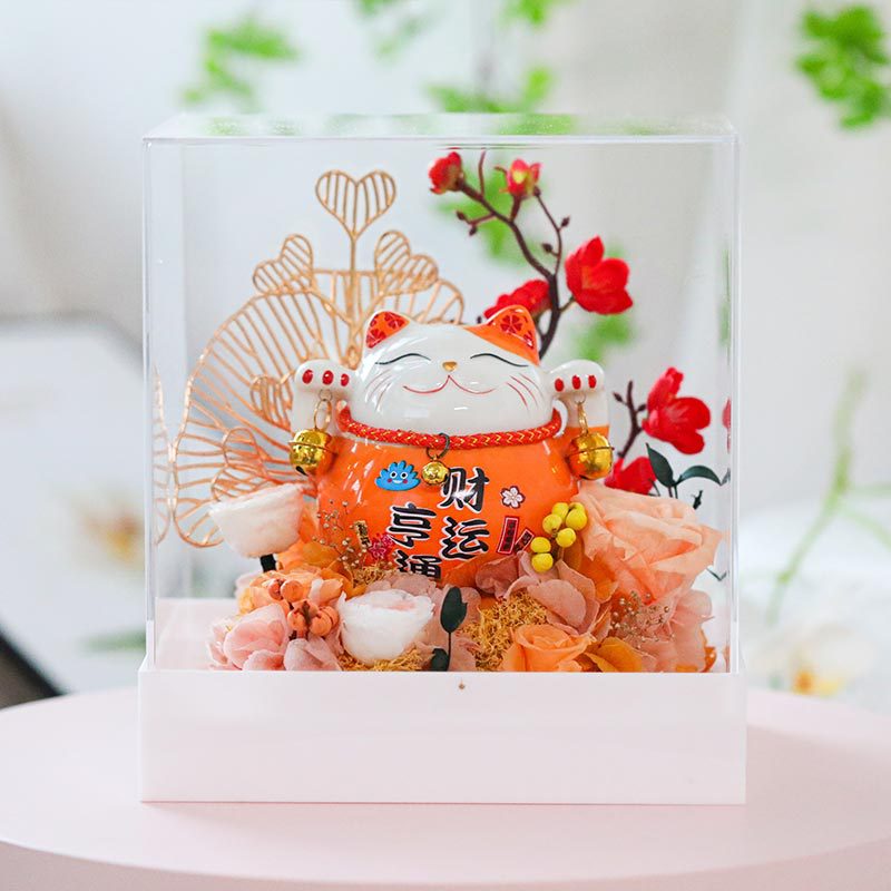 永生玫瑰花玻璃罩招财猫小台灯情人节七夕教师节礼物永生花礼物