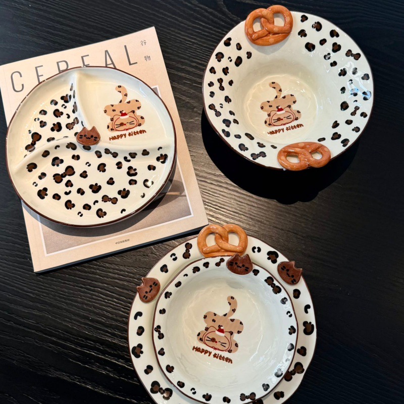 Tacos de cerámica con patrón de leopardo para gatos, platos de postres caseros, platos de arroz, platos de fideos caseros, platos de platos de sopa