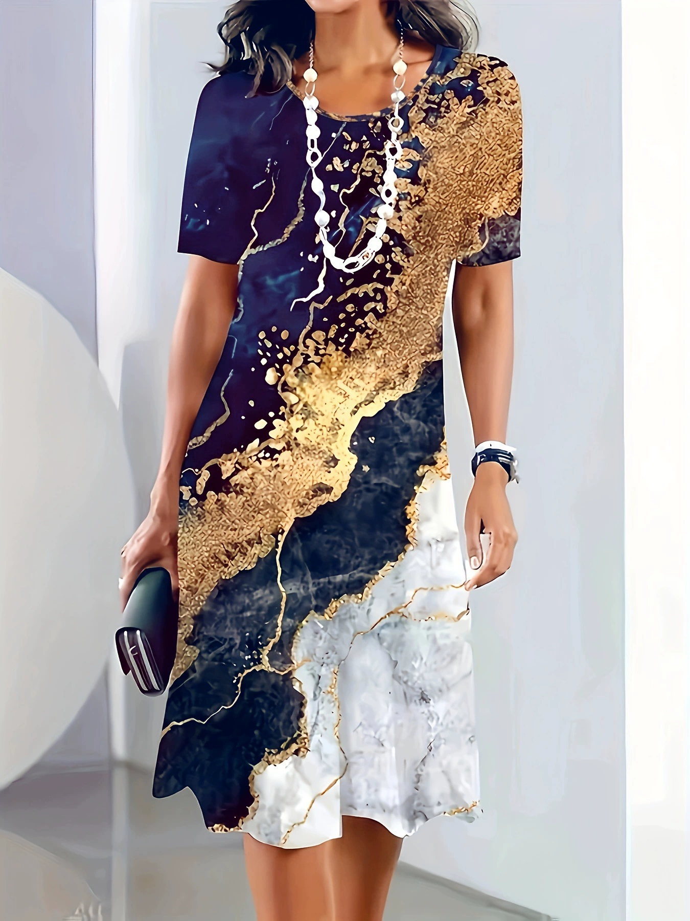 Трансграничные горячие распродажи женские повседневные элегантные короткие рукава весенне-летний цветочный принт с круглым вырезом платье средней длиной