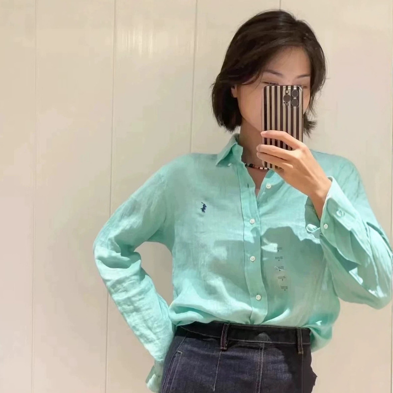 High-Quality Rl Ralph Lauren Tiffany Blue Linen Shirt with Pony Embroidery, Old Money Style Jacket, Flattering Casual Women's Shirt
