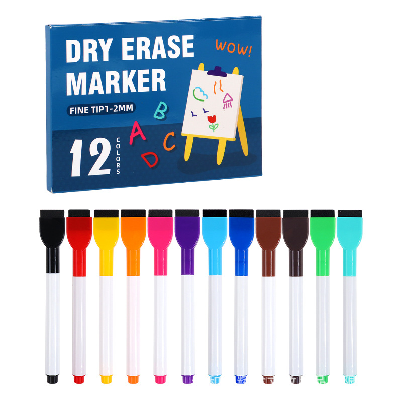 Bolígrafo de pizarra al por mayor con cepillo magnético de oficina con 12 colores de gran capacidad limpiable y ecológico no tóxico