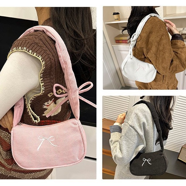 Crossbody Corduroy Versatile Shoulder Bag for Women with Bowknot and Pleats, New 2026 High-Value Underarm Bag Trend