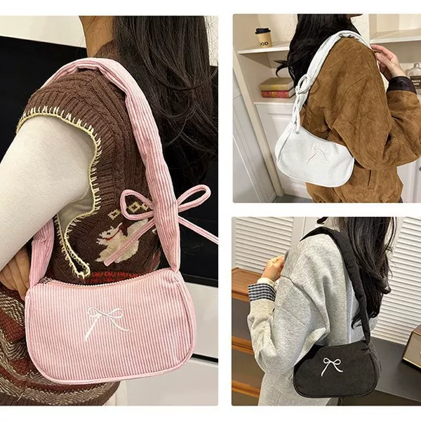 Crossbody Corduroy Versatile Shoulder Bag for Women with Bowknot and Pleats, New 2026 High-Value Underarm Bag Trend