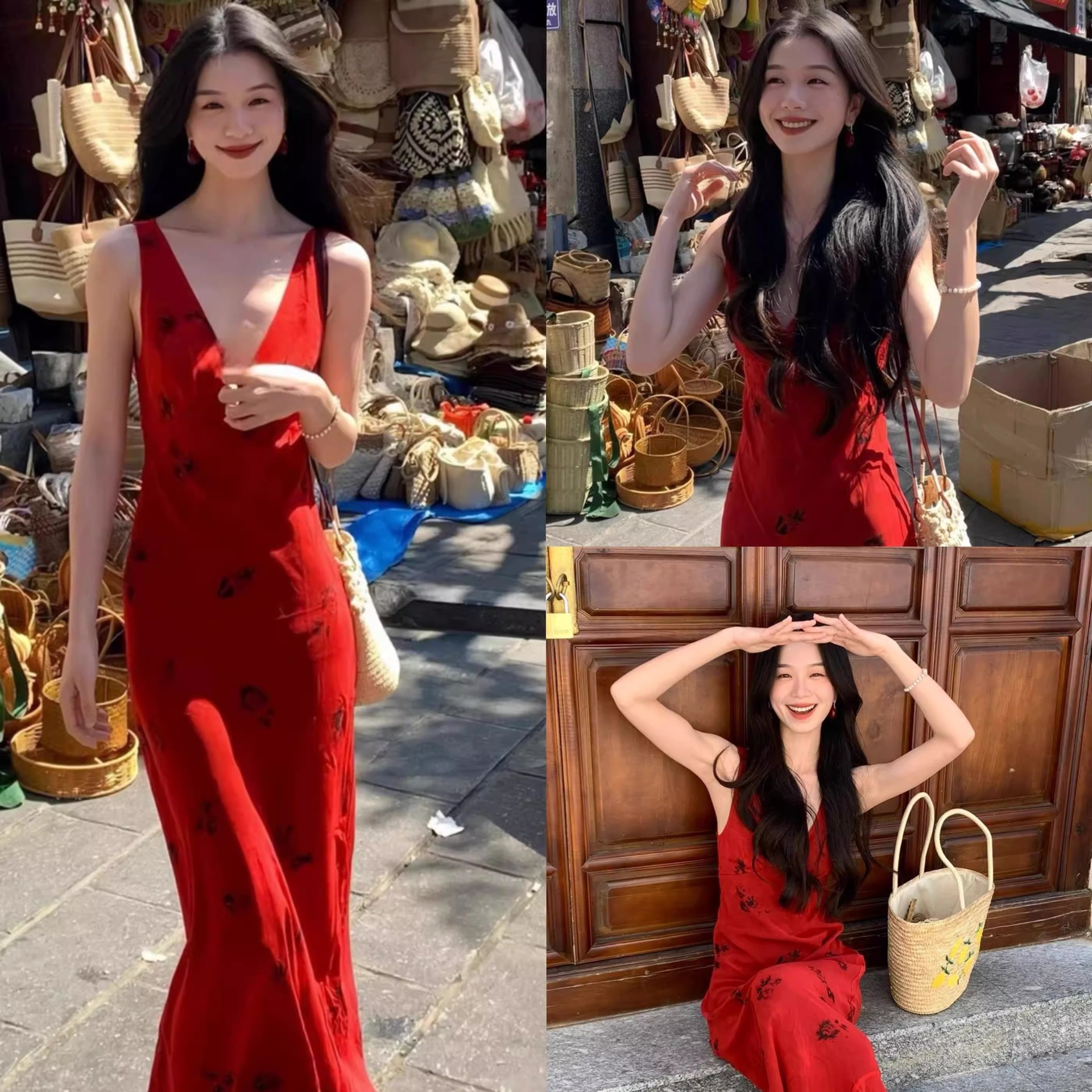 RP 꽃 프린트 롱 스커트 섹시한 딥 브이넥 슬림 드레스 여름 레드 스커트 해변 휴가 스타일