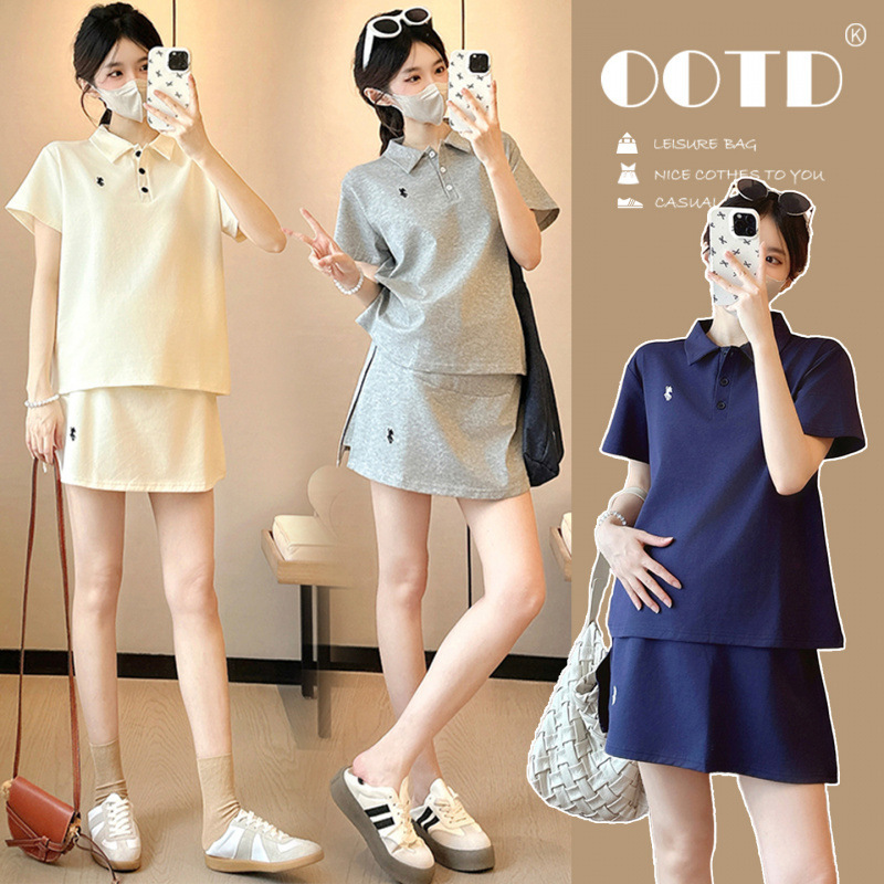 Maternity Set for Summer: Thin Outerwear, Trendy Mom Style, New Polo Shirt, Korean-Style Shorts Two-Piece Set for Prenatal Check-Up, Petite Women Maternity Set for Summer: Thin Outerwear, Trendy Mom Style, New Polo Shirt, Korean-Style Shorts Two-Piece Set for Prenatal Check-Up, Petite Women