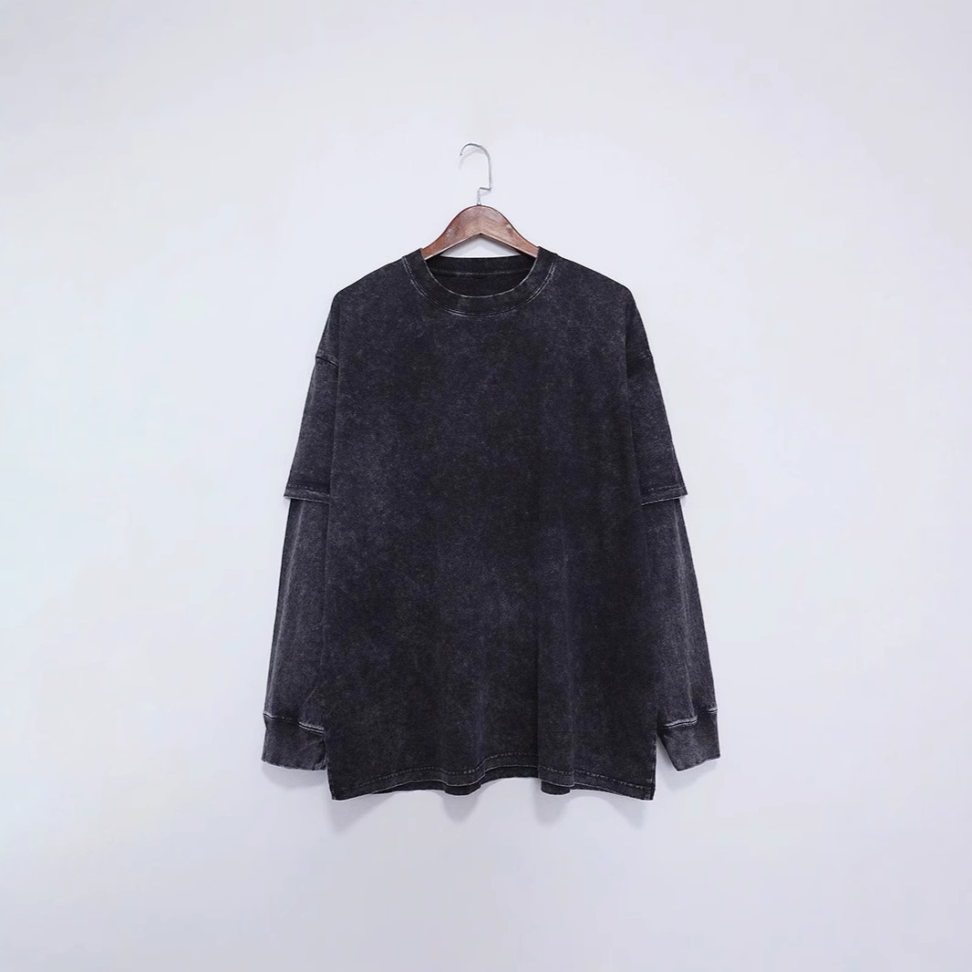 230G retro lavado para hacer vieja chaqueta de nieve frita inns transfronteriza americana falsa dos piezas camiseta de manga larga para hombres base universal