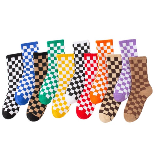 Black and white checkerboard socks for women rhombus square plaid ins trendy autumn and winter pure cotton mid-tube blue internet celebrity sports high tube socks
