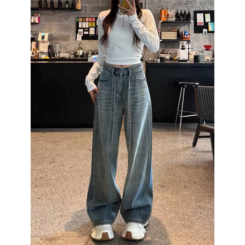 Jeans Hot Diamond con lacci di grandi dimensioni per donna 2025, nuovi pantaloni lunghi eleganti e dritti a gamba larga per ragazze grasse di grandi dimensioni_voghion.com