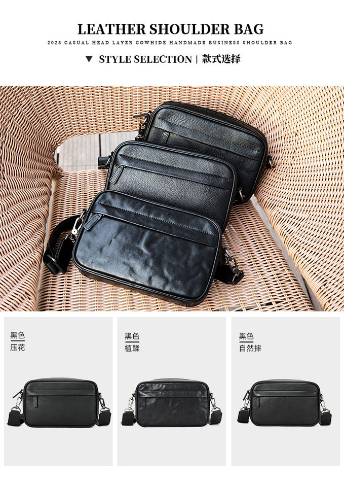 Túi đeo chéo nam da bò thật Marunte kiểu dáng nhỏ gọn, đựng vừa iPad 10 inch — ngang màu đen, Da hoa đen ghép, Mẫu đen ghép, Da thuộc thực vật có hoa cầm tay chi tiết 9