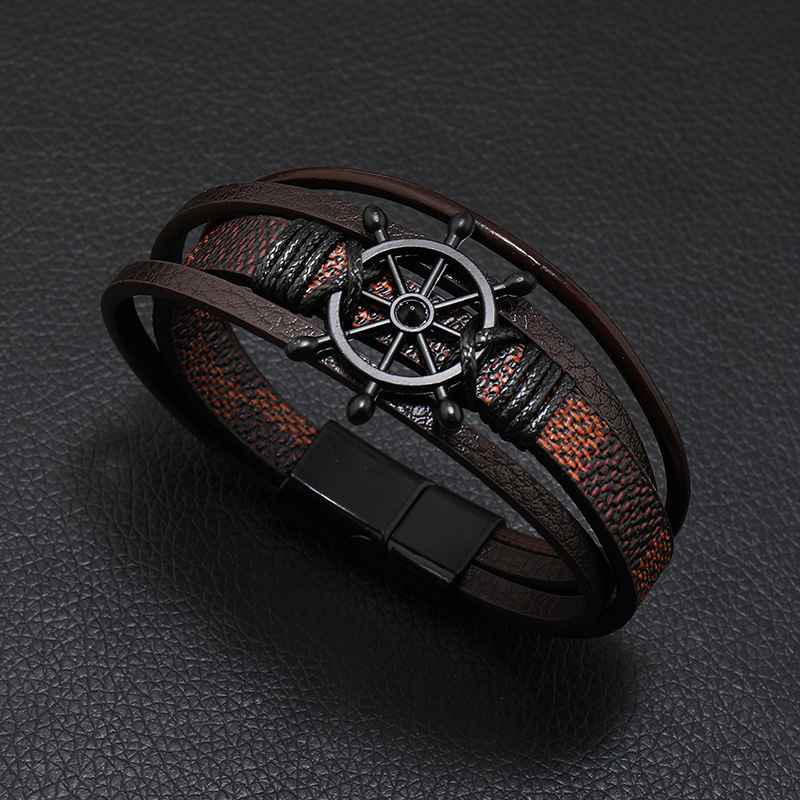 25g Weight Bangle Classification 1 Piece Quantity Daily, Street Occasion Pu Leather, Alloy Material Rudder Pattern Men's Gender Retro Style Retro Rudder Pu Leather Alloy Men's Bangle Men Cord & Leather Bracelets 6