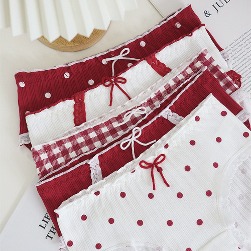 Sweet Lolita Big Red Underwear Women's Cute Sweet Girl Briefs Pure Cotton Inseam Mid-waist Women's Underwear
