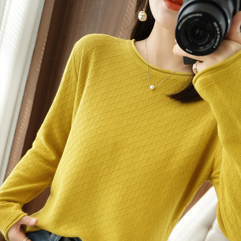 Cross-Border 24 Autumn New Women's Round Neck Sweater with Rolled Edges, Loose Pullover, Long Sleeve Base Layer Cotton Knit Top