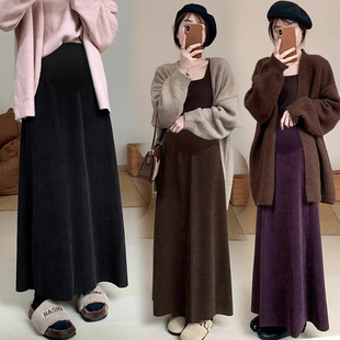 Pregnant women's skirt with pockets on both sides European cotton velvet corduroy thickened 2023 autumn and winter belly support lengthened dress