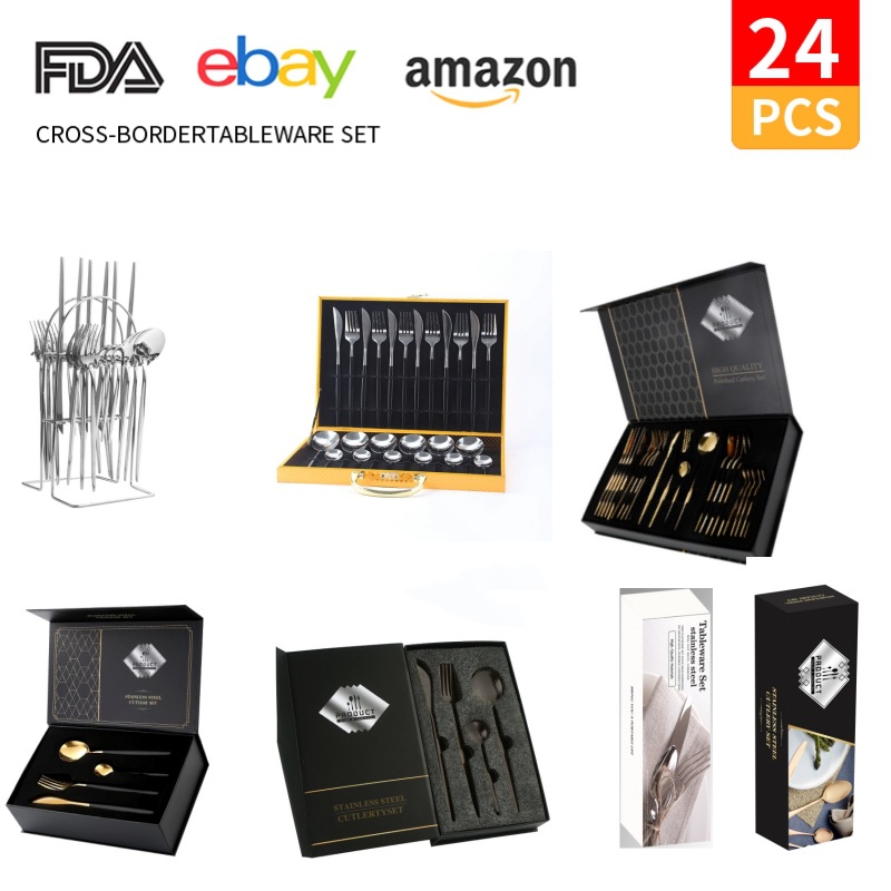 Cross-Border Supply Portuguese Stainless Steel Western Tableware Knife, Fork and Spoon Set 4 Main Pieces Steak Knife, Fork and Spoon 24-Piece Set