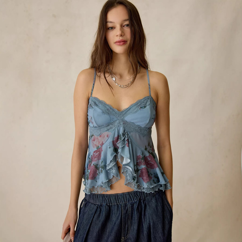 American Retro Hot Girl Style Lace Base Shirt for Women, Summer Sexy Backless Camisole, Mesh Patchwork Top