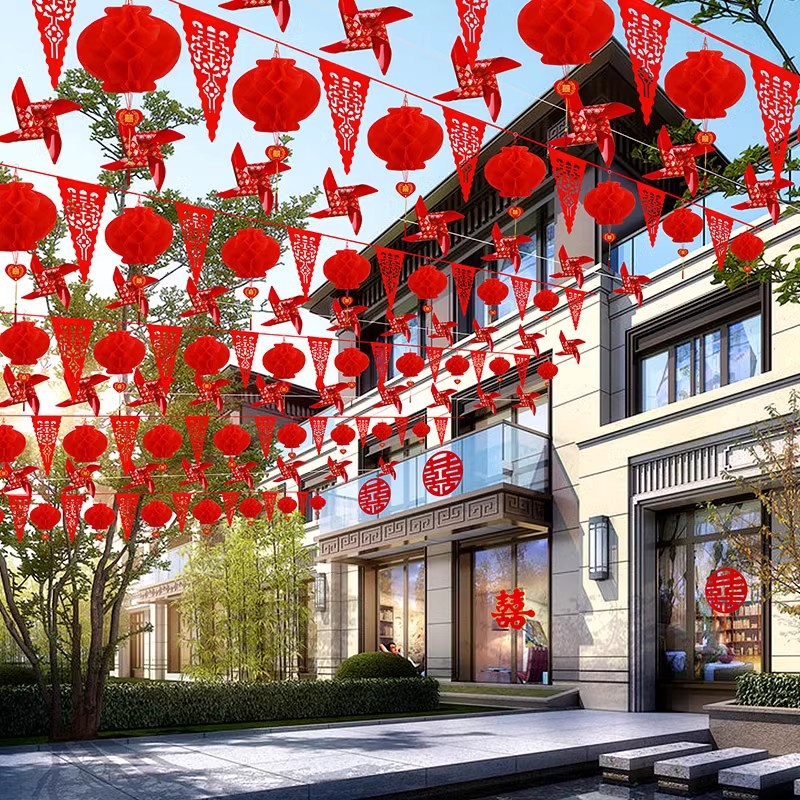 Decoración del patio de bodas al aire libre decoración del patio rural molino de viento colgante decoración de banderas coloridas guía de flores al aire libre patio