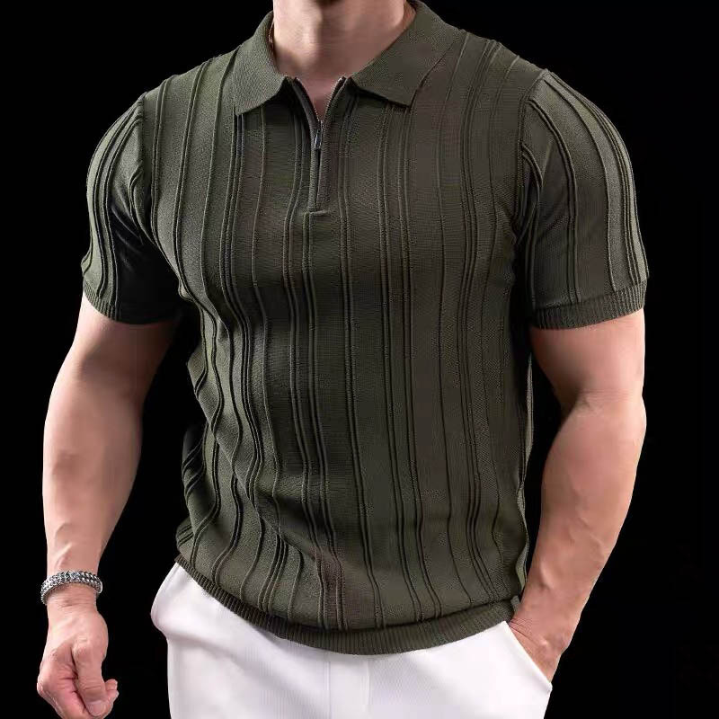 Polo camiseta de punto camiseta de manga corta hombre solapa media cremallera rayas viejas camisetas de hielo de viento de verano fábrica transfronteriza al por mayor