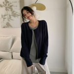 新款蓝色假两件正肩针织衫女装秋冬遮肚打底衫假两件拉链上衣