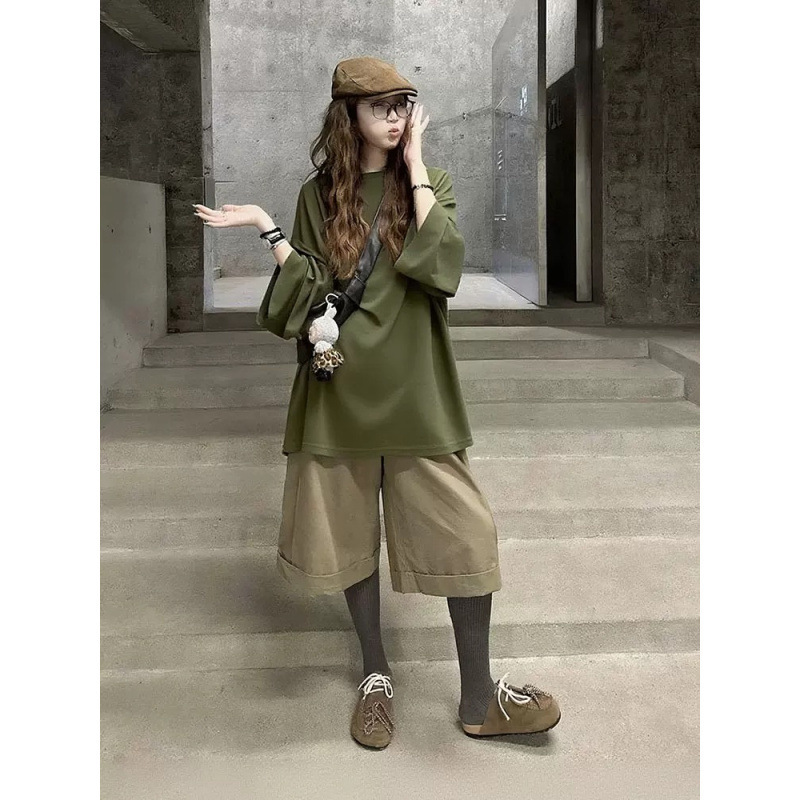 Relaxed Dark Green Long-Sleeved T-Shirt Cargo Pants Two-Piece Set High-End Lazy Style Retro Suit 2025 Autum