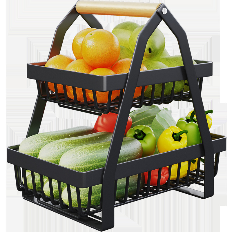 Condimento transfronterizo de aperitivos de hierro cesta de verduras y frutas mesa de cocina cesta de almacenamiento estante de almacenamiento cesta de hierro portátil de doble capa