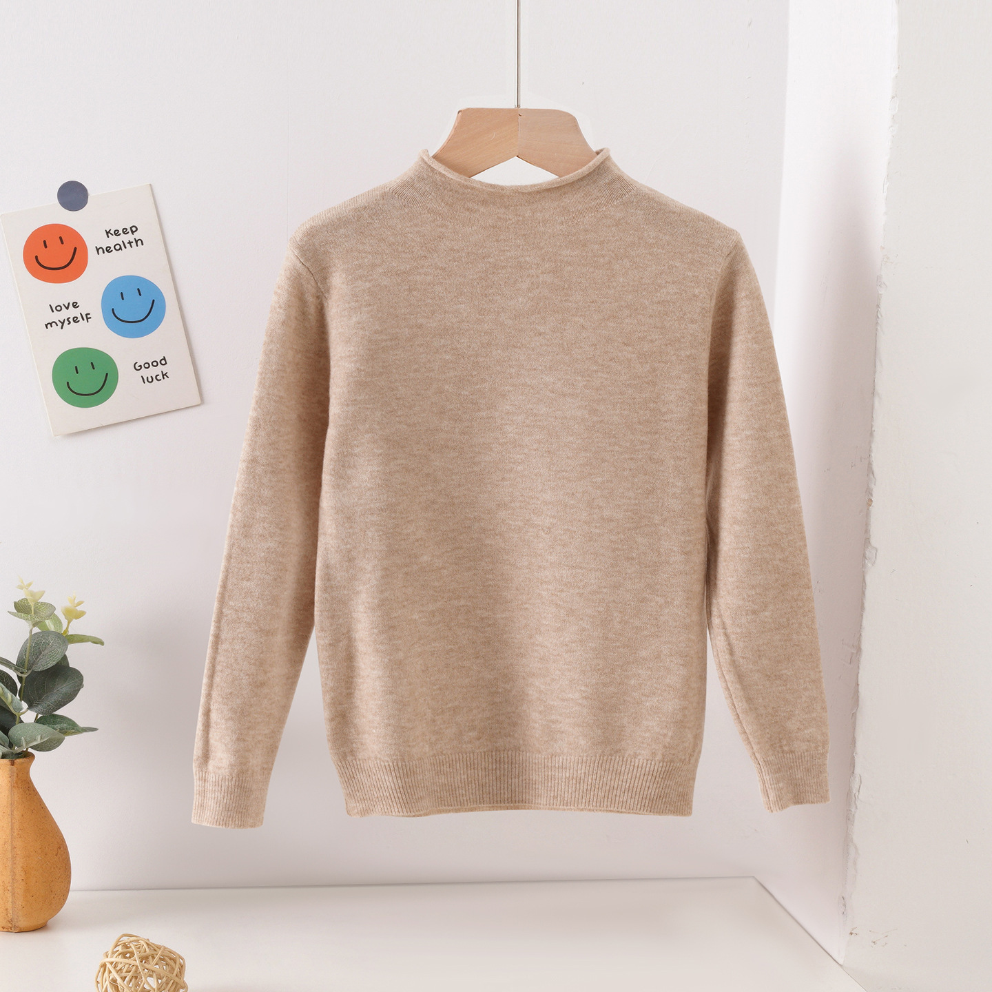 Hombres y niñas bebés nuevos colores sólidos bordes padres-hijos ropa de base jersey suéter de punto para niños cuerpo cercano medio cuello de cachemira